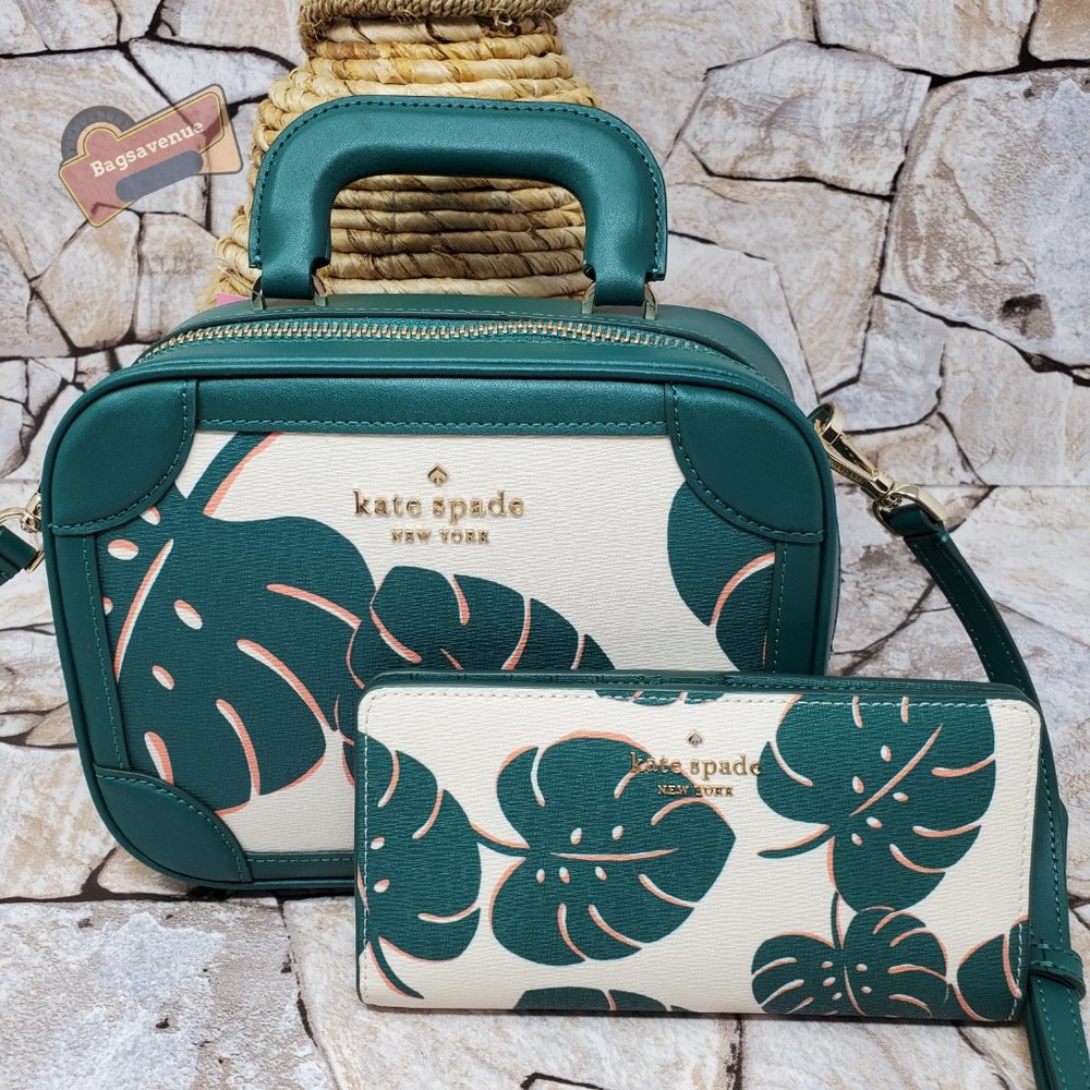 Kate Spade Monstera Green Plant Crossbody Trunk Purse and Bifold Wallet Set